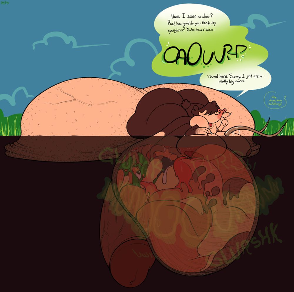 The previous image, but superimposed over the mole's belly is his meal, an anthropomorphic deer on his way to being sludge.  His body is beginning to sag and drip like ice cream in the sun, covered in digestive slime.  Even as his hand and cock start to liquefy, he masturbates furiously, a rope of cum running down his chest.
