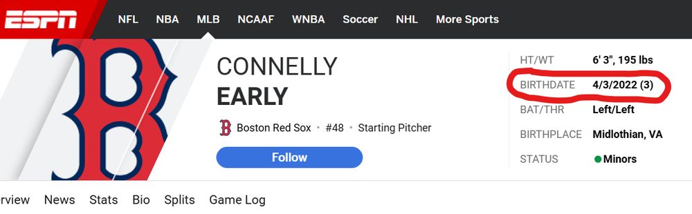 ESPN profile details on Connelly Early shows birth year of 2022.... True to his name