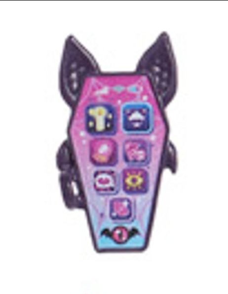 Stock photo of Draculaura's smartphone with a phone case with molded on big bat ears and little wings.