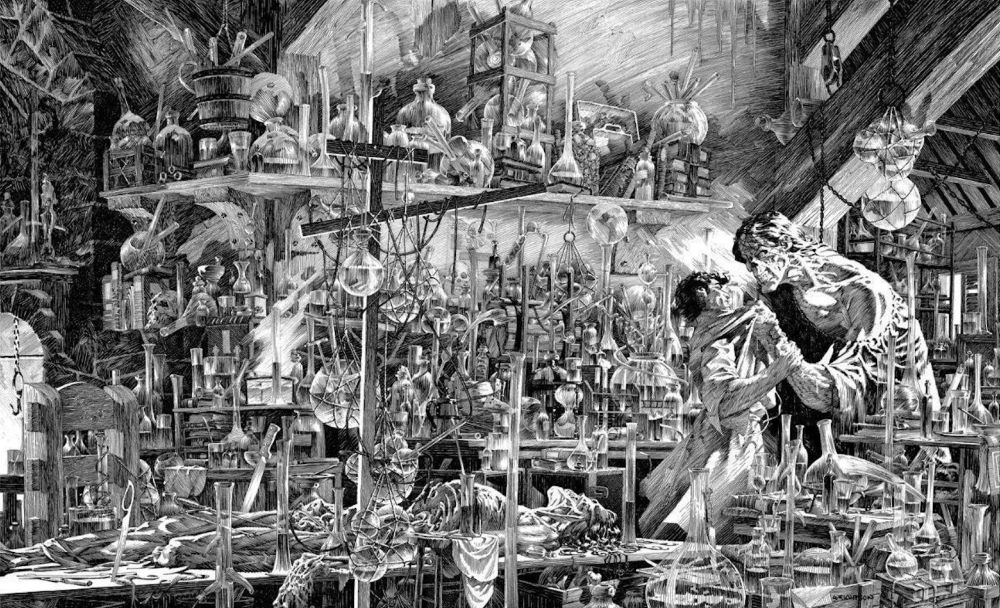 Double page drawing from Bernie Wrightson's Frankenstein
