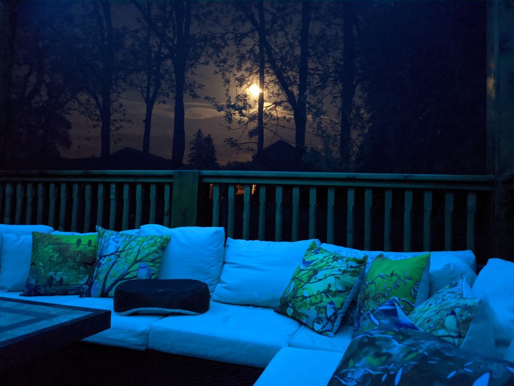 Night time image taken inside a screened in wooden deck. 
The Sectional couch in front of the railing has white cushions, and assortment of multi coloured pillows. 
Corner of table is visible in one side of picture.
The moon is visible behind the silohette of trees.