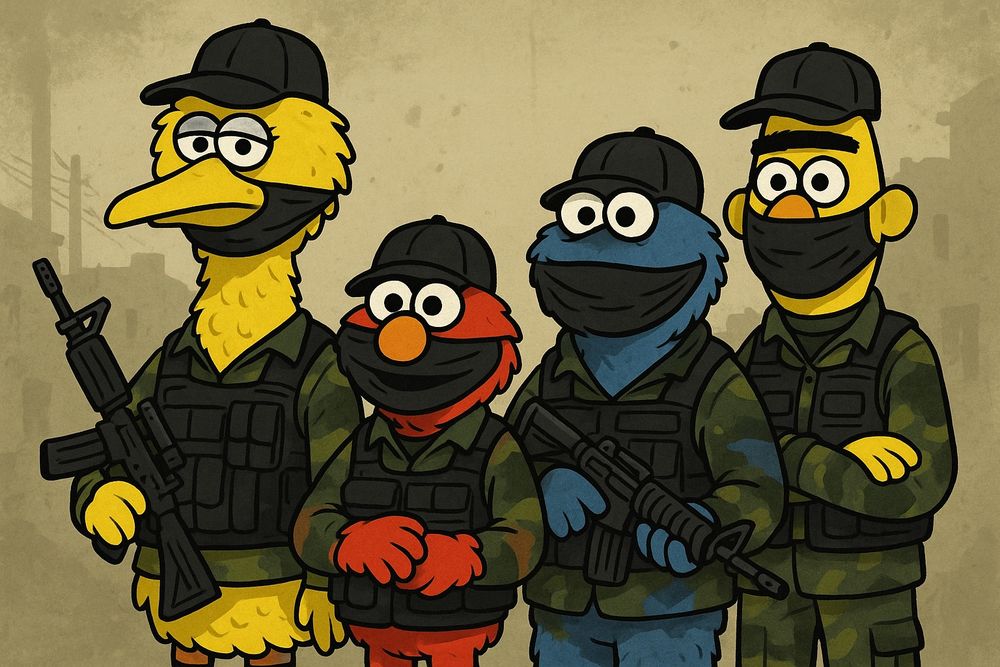 Sesame Street muppets dressed in camp and face masks