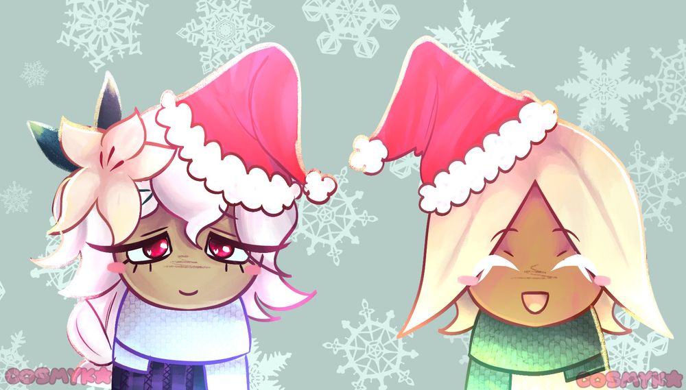 White Lily Cookie with a blue scarf and blue sweater smiling. Pure Vanilla Cookie with a pale yellow sweater and a forest green scarf. Both have christmas hats on their heads and are  facing the camera. A muted sage green background is behind them with scattered snowflakes.