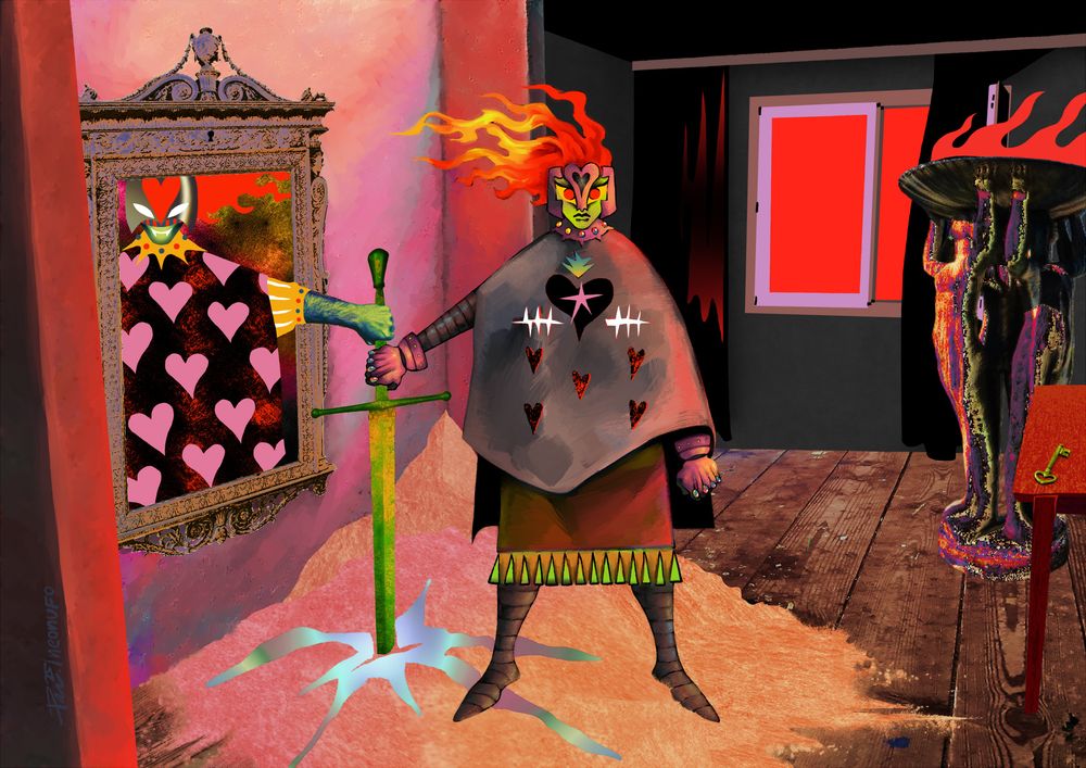 Digital illustration featuring my OC Lubi. He's placed in the middle, and is depicted as a fantasy protagonist. His skin is green, and his eyes large and red. He's wearing a purple helm and gauntlets, adorned with opals. The helmet is open on top, letting his fire hair free. He's wearing a cloak and a tunic underneath. The cloak is decorated with flat, almost pictographic designs - a black heart in the middle with a pink star in it and a greenish flame above it, five red and black hearts below, and stylized depictions of top surgery scars. His right arm is holding a green sword, and he is stoically facing the viewer. He is standing in an uncanny room. Behind him are dark walls and curtains, and a window revealing jarring red outside. By the window is sculpture, taken from my own heavily edited photo. The sculpture is Tri Gracije (1969) by Ferenc Kiraly, which stands in my hometown. The sculpture depicts three women holding a large bowl above their heads. I drew a stylized red fire in the bowl. The floor is wooden, and taken from a photo of the floor in my dad's atelier. The wall left of Lubi is pink, and painted with a rough approach. On the wall is an ornate vintage mirror, also a modified photo (from the MET museum's massive public domain catalogue). There is a keyhole on the mirror frame. In the mirror is another version of Lubi. His cloak is black and red and covered in large flat pink hearts. He's wearing a silver helmet that covers more of his face, and his extended arm, also holding the same sword, shows an ornate golden sleeve. His arm is an edited photo of my arm, and the sword they are holding is another edited photo from MET's catalogue. Unlike the 'real' Lubi, the mirror Lubi is smiling a vampiric grin. The sword is stabbed into a big pile of sand (textured with my own photos) in the middle of the room that Lubi is standing on. On the right side of the image there is a wooden table, upon which is a vintage green key (another one from the MET website).