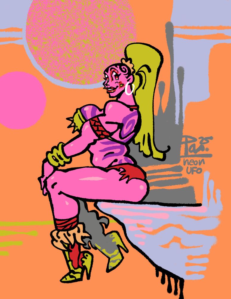 Rough drawing of my OC, Welle Oods, a pink goliath barbarian. She's sitting on a cliffside in somewhat of a pin-up pose, her legs dangling down playfully, looking towards the viewer. The main palette is pink, yellowish green, orange and light greyish-blue