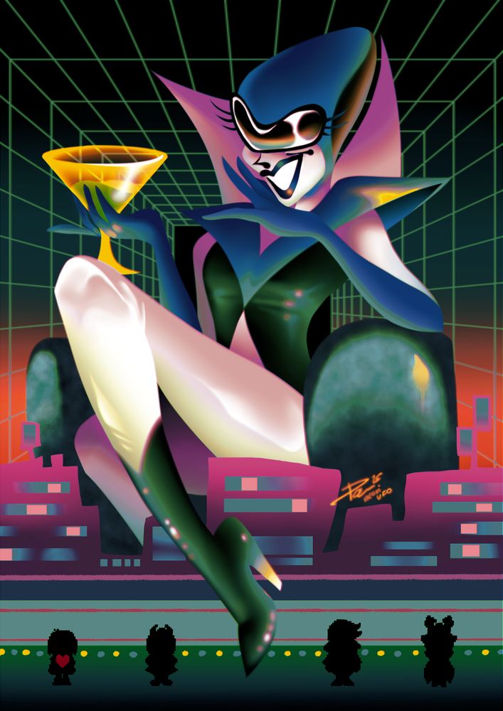A digital illustration featuring the Queen from Deltarune. The piece is styled to somewhat resemble 90s VHS covers. The Queen is sitting in her chair, coloured in with smooth, airbrushed shading. There is a small purple cityscape of Cyber City in the lower third of the image, which she casually raises her leg over, showing her high heels. At the very bottom, standing on a green street, are pseudo-pixel silhouettes of Kris, Ralsei, Susie and Noelle. Below the center of the image, there is a red sunrise light behind the queen, and a green cyber grid on black background takes up the rest of the background. The queen is holding a yellow martini glass of battery acid in one hand, and holding the other in a 'hime laugh' position at her face. Red, green and blue lights are reflecting in her visor.
