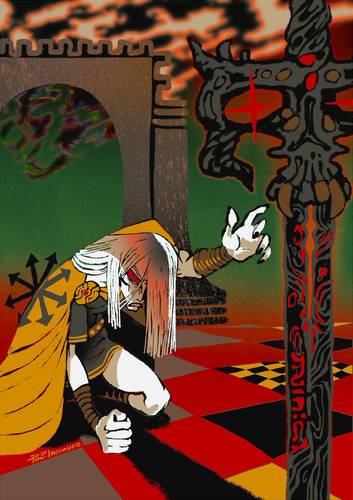 Digital illustration of Elric of Melnibone. On the bottom leftside, Elric is kneeling weakly on the floor, his left hand extended towards a sword in the foreground, either reaching for it, or arguing with it. His right hand is clutched in a fist on the ground. He has an angry expression, white hair falling over his face. He wears a black tunic and a mustard yellow coat with the black chaos symbol on the back. Stormbringer, the sword in the foreground, is a black blade with an odd organic design and red runes on its blade. The guard is shaped like a demonic skull, his eyes glowing red. The floor is a checkerboard of red, grey, black and yellow, and the sky is green on the lower side, while at the top of the image we can see orange-lined clouds. Behind Elric there is a flat-drawn stone gate. The clouds that pass beyond the gate turn into swirling colours of chaos.