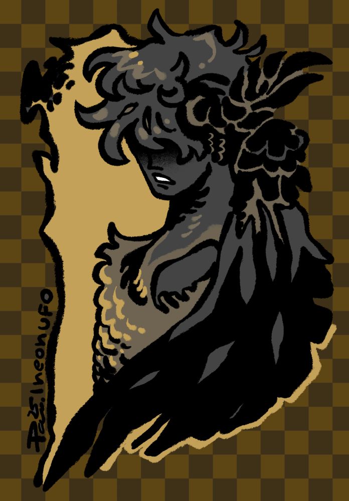 Portrait of a person covered in black feathers, on a green checkered background