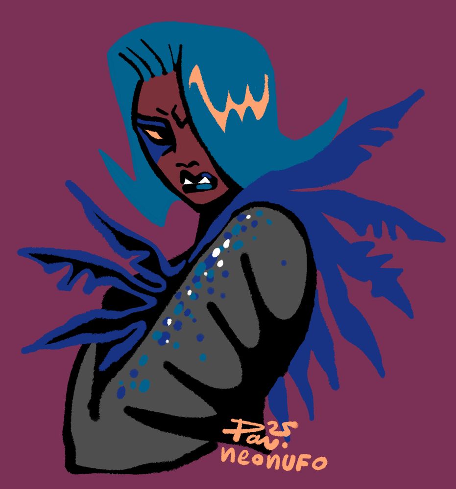 Headshot of an elegant dark-skinned man with blue hair, wearing a black glittery cloak adorned with blue feathers