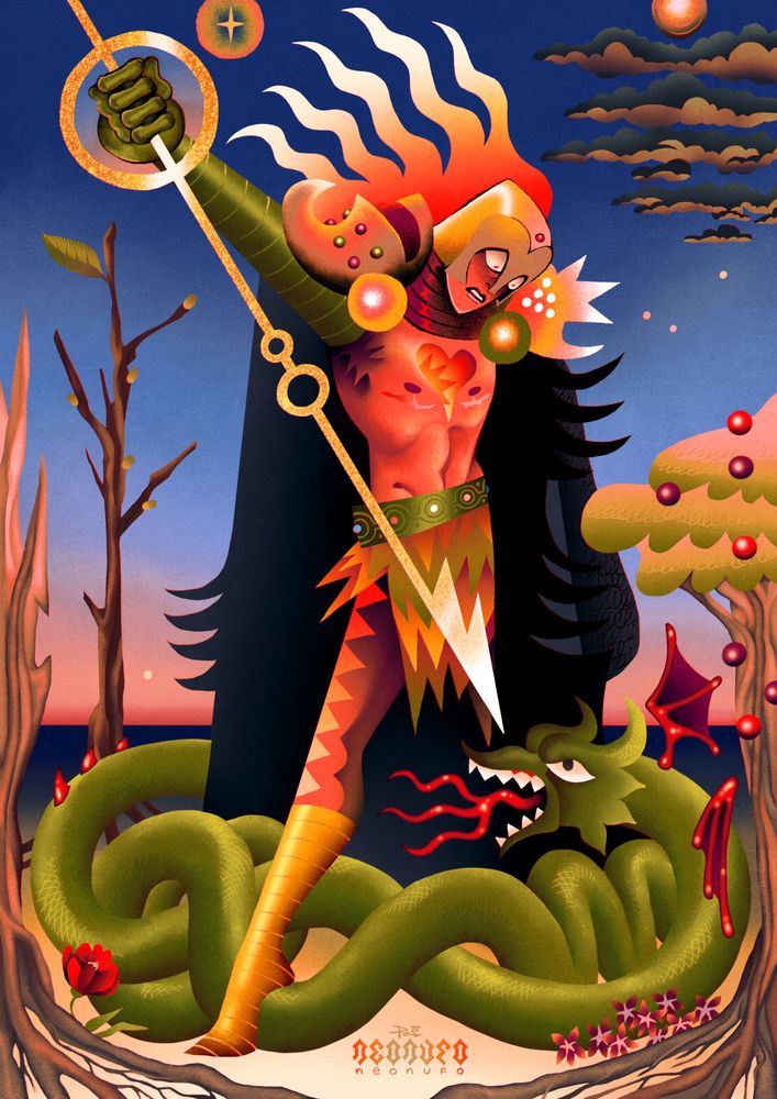 Digital illustration of my character Lubi, standing above a wyrm with a spear in a scene that evokes St. George and the dragon. Lubi wears a helmet with a vaguely heart-shaped front, and two different pauldrons. His torso is bare, showing a heart-shaped hole on his chest which glows with a fire from the inside, as well as his top surgery scars. He wears a green belt with stones that reference the trans pride flag, and a colouful furred skirt in green, yellow and orange colours. There is a triangular pattern on his leg, and he's wearing a golden boot. His right arm is outstretched, holding a spear, and clad in green armour. His left arm and leg are covered with a black furred coat. His hair is stylized fire, coloured with a simple white-yellow-red gradient. The wyrm below has a face styled as that of a manuscript dragon's, and its body is a tangled, stylized tube shape. It has a pair of small red wings near its head on the right side of the image, and a couple of spikes on its back on the left side.
At the bottom of the image, there is a poppy flower on the left, and a couple of small violets on the right. There is a dry tree framing the image on the left and a short bushy tree bearing round fruits on the right. Next to the dry tree, there is a young growing tree with several buds. The sky in the background gradients from dark blue on top, to orange-pink on the bottom and depicts a morning or evening light. There are four scattered small stars in the sky, and one larger star at the upper edge of the image. Lastly, there is a row of dark clouds in the upper right corner of the image, and a circular design above them, depicting some sort of celestial body.