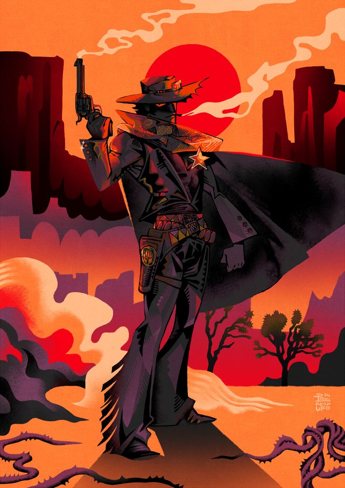 A digital image of Jotaro Kujo from JoJo's Bizarre Adventure with wild western theming. He's styled as a sheriff, wearing a cowboy hat, some sort of poncho with paisley pattern on the collar, a star pin on this chest, gun holster with a zigzag pattern on the belt, and chaps over his jeans. The chaps have a fur/fringe on the back. Nearly all of his clothing is black. He's smoking a cigarette and is holding a smoking gun in his right hand, which is resting at his side, pointing the gun upwards. He is standing in a desert. There is an orange sky and a large orange sun behind him, as well as several rows of canyon walls. On the bottom of the background we see a few desert trees in the background, and some crawling purple vines in the background (referencing both Jotaro's lineage and the threat of DIO). Behind Jotaro there is a semi-abstract shape depicting a rising smoke or sand, or perhaps a bush.