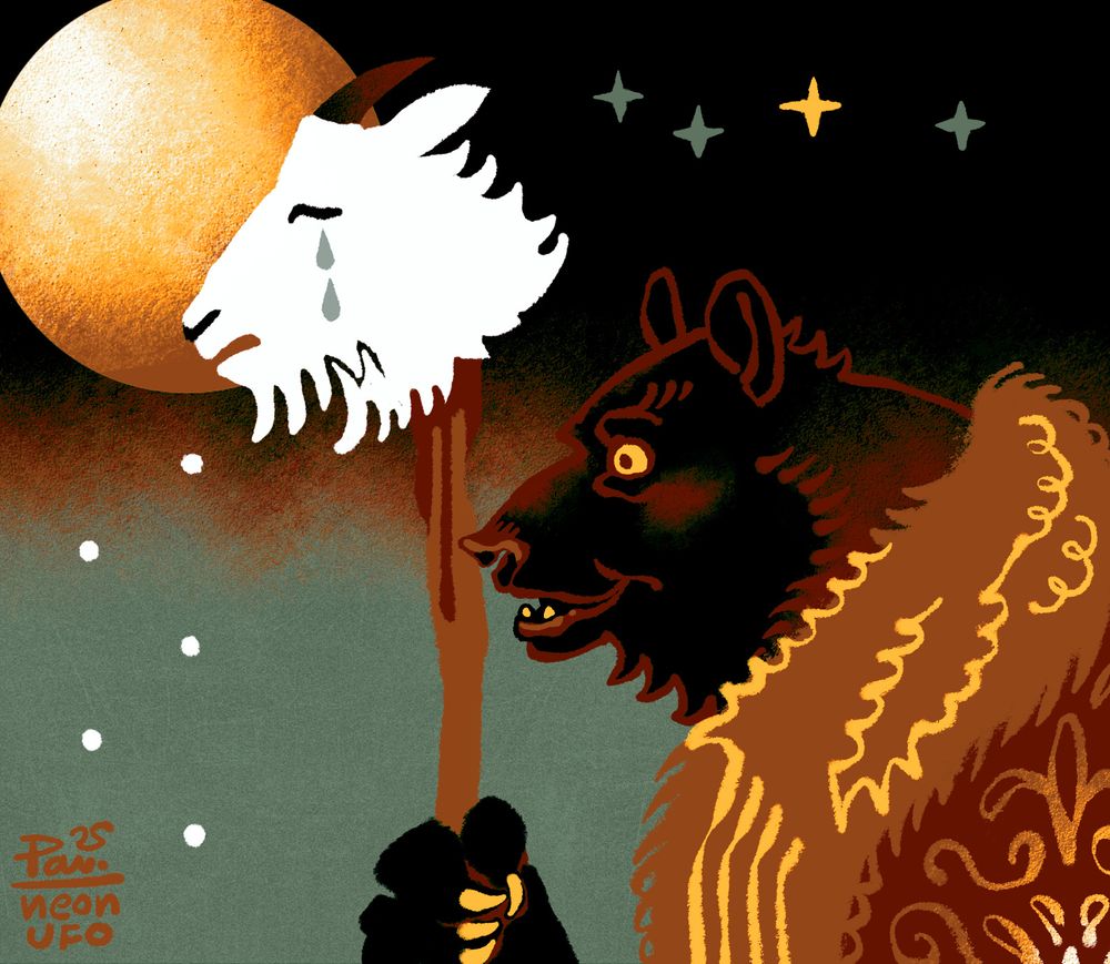 A black bear in a fur coat, holding a staff with a decapitated white goat's head on top