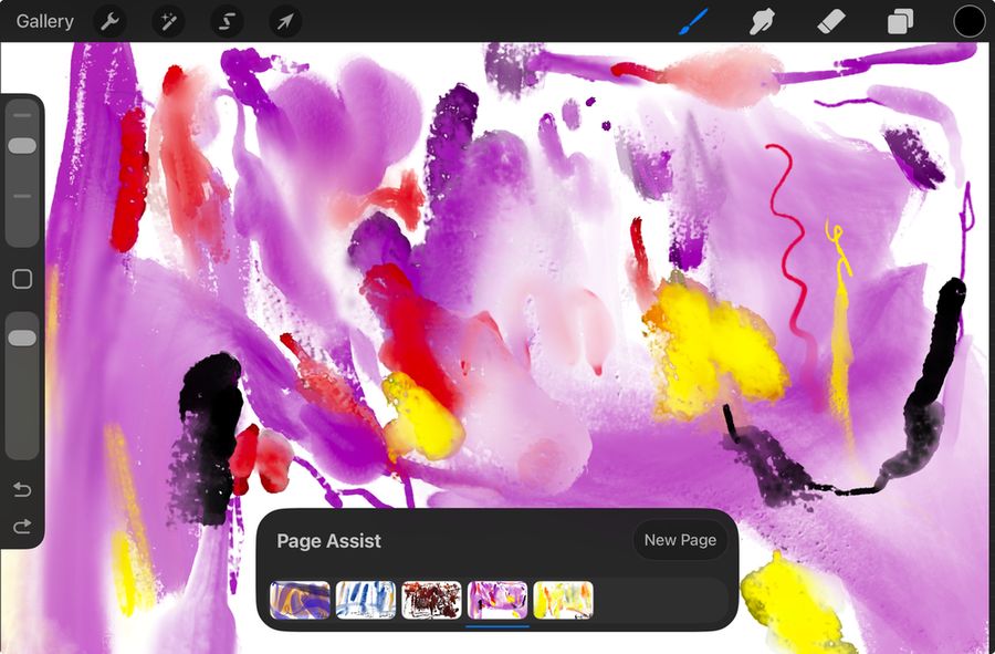 a Procreate screenshot with some watercolor brush tests in pink, red, yellow and black