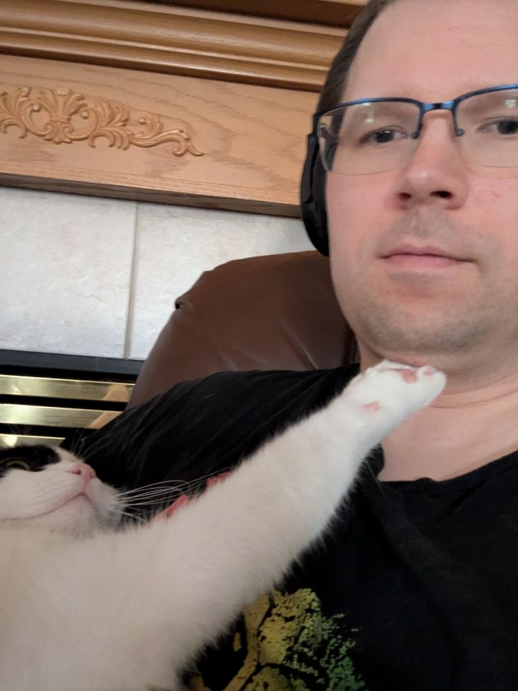 The same black and white tuxedo cat laying down and holding his paw up to his human's chin, desperate for attention and pets from the human.