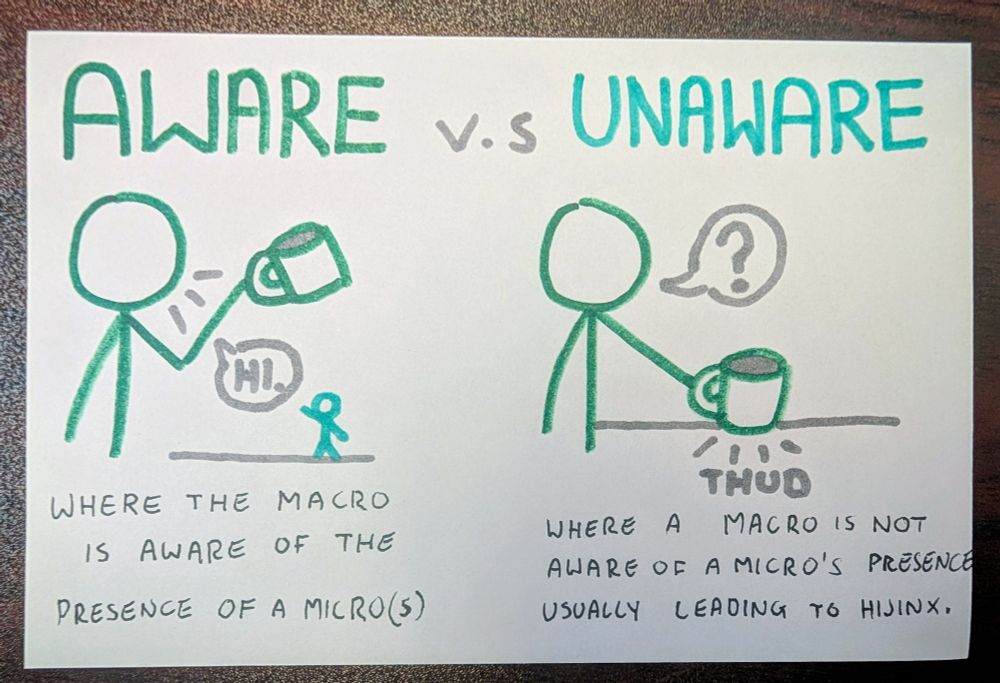 Aware VS. Unaware 

Aware: Where the macro is aware of a micro's presence.

Unaware: Where the macro is not aware of the presence of a micro's presence.
(Usually leads to hijinks!)
