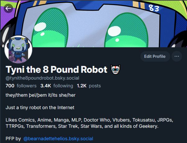 The Bluesky profile of Tyni the 8 Pound Robot. The followers count is 700. 