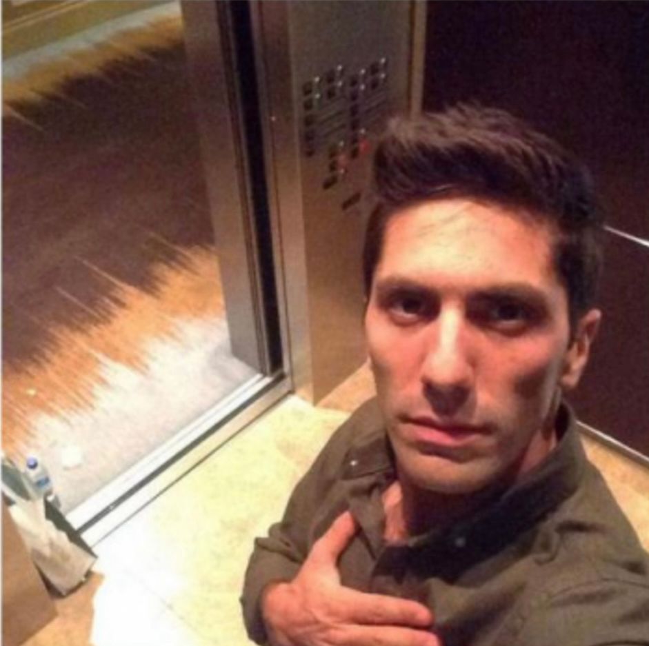 Nev showing the elevator is a safe space for woman with great boobs