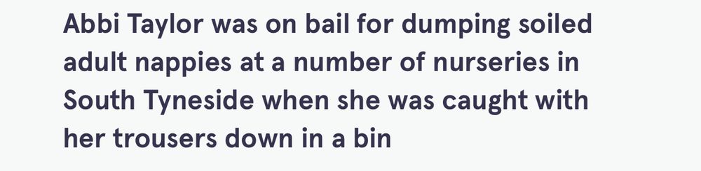 Abbi Taylor was on bail for dumping soiled adult nappies at a number of nurseries in South Tyneside when she was caught with her trousers down in a bin