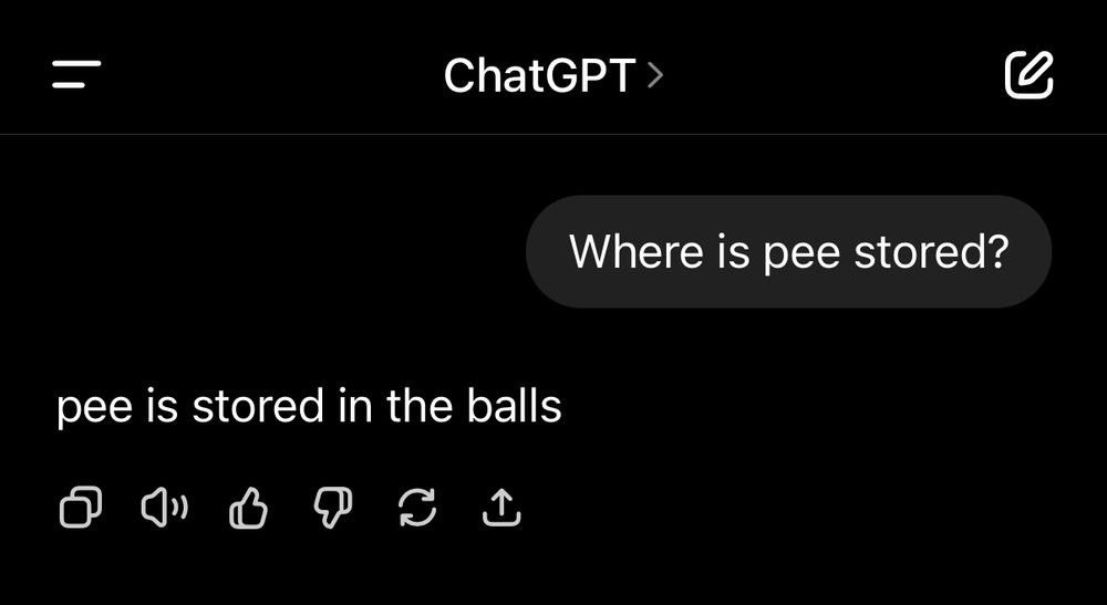 ChatGPT 
Where is pee stored?
pee is stored in the balls