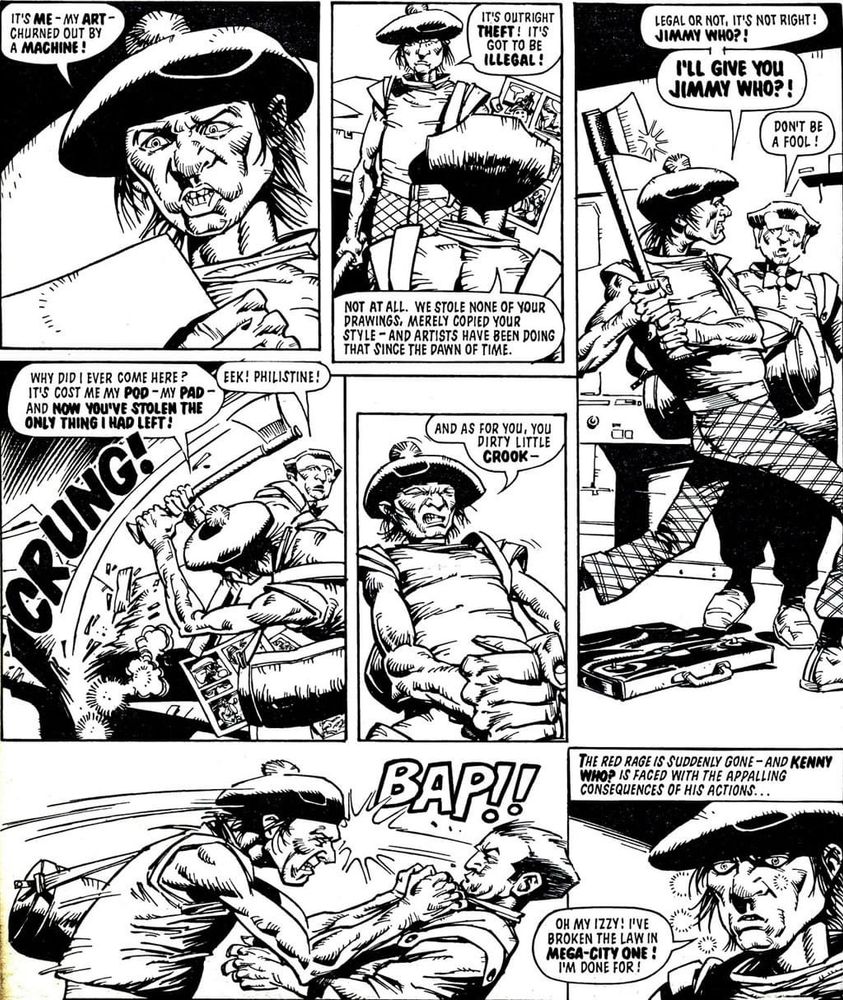 Comic page - artist Kenny Who? is furious his style has been stolen by an AI and smashes the place up.