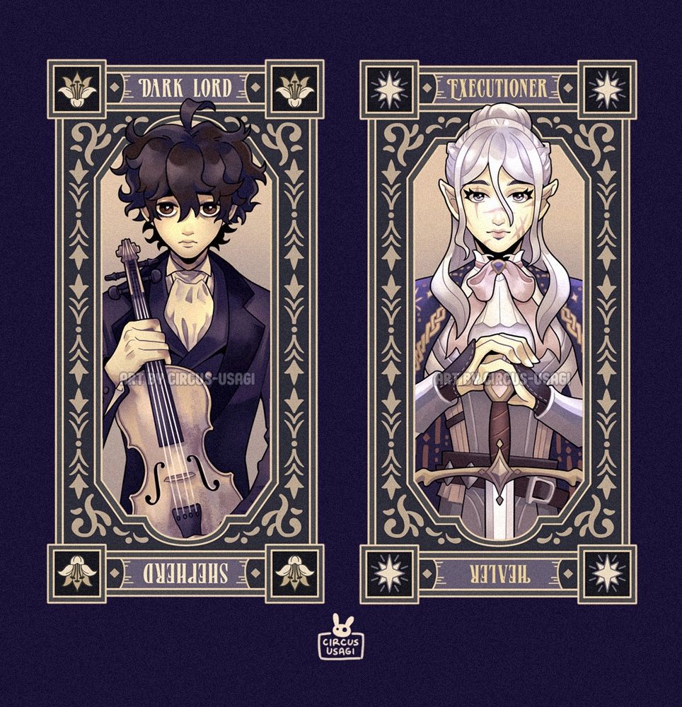 Two characters depicted in tarot deck fashion: a somber, dark-haired man in a suit carrying a violin, and a white-haired woman in armor under a star-speckled cloak holding a sword
