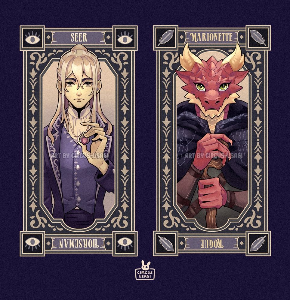 Two characters depicted in tarot deck fashion: a pale-haired man in a dark suit with silver designs at the edges holding up a necklace pendant encrusted with a red jewel, and a bronze dragonborn in a dark mantle holding a wooden staff