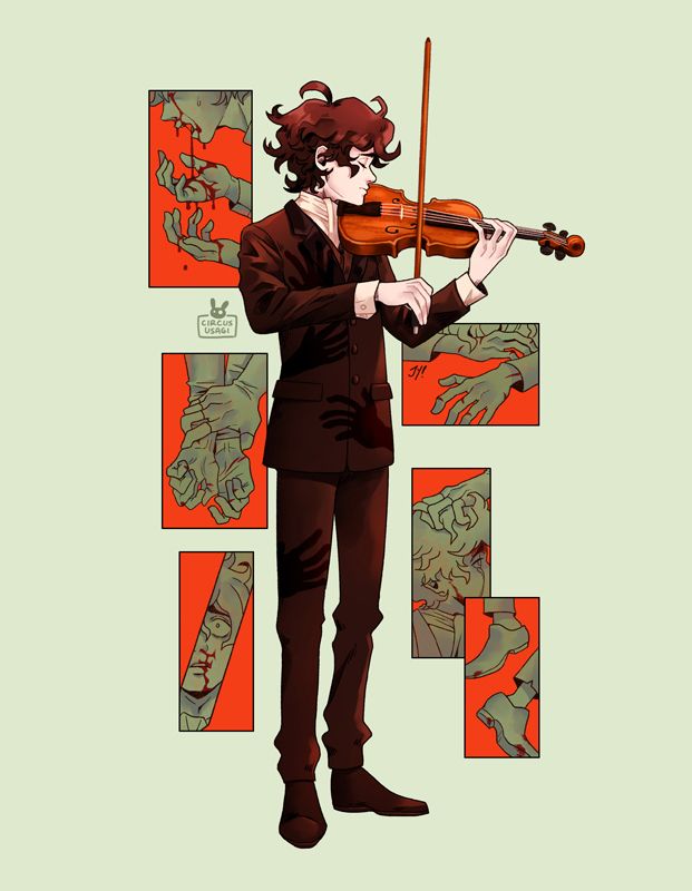 tw: blood and injury. Man in suit plays the violin while shadow hands grab at him. In the background are slivers of scenes depicting the same violinist, bloodied and hurt.