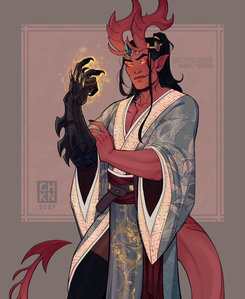 A smug, burly tiefling in revealing, japanese inspired robes, idly channeling some holy magic in one gauntleted hand.