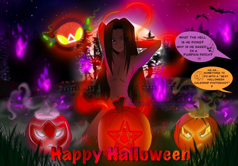Hao Asakura from shaman king. He is posing naked in a pumpkin patch. There are three jack-o-lanterns in the foreground. One on the left looks like Bason. The one in the middle is the biggest and has a red star carved into it. The one on the right looks like Amidamaru. Bason and Amidamaru can be seen inside the pumpkins as their spirit ball forms. There’s a dark pumpkin patch scene in the background that is lit by moonlight and purple will-o-the-wisps. The Spirit of Fire is in the scene, its red fire ectoplasm tail is highlighting Hao’s body. The purple speech bubble reads “What the hell is he doing? Why is he naked in a pumpkin patch?” The orange speech bubble reads “Ha ha… something to do with a sexy Halloween calendar photoshoot?”
