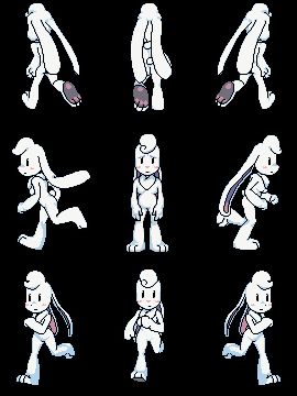 A grid of 9 pixel animations of Rabid, a feminine anthropomorphic bunny. 8 of the animations are run cycles showcasing what she looks like running in cardinal and ordinal directions, and the center animation shows her standing posture in each of those directions.