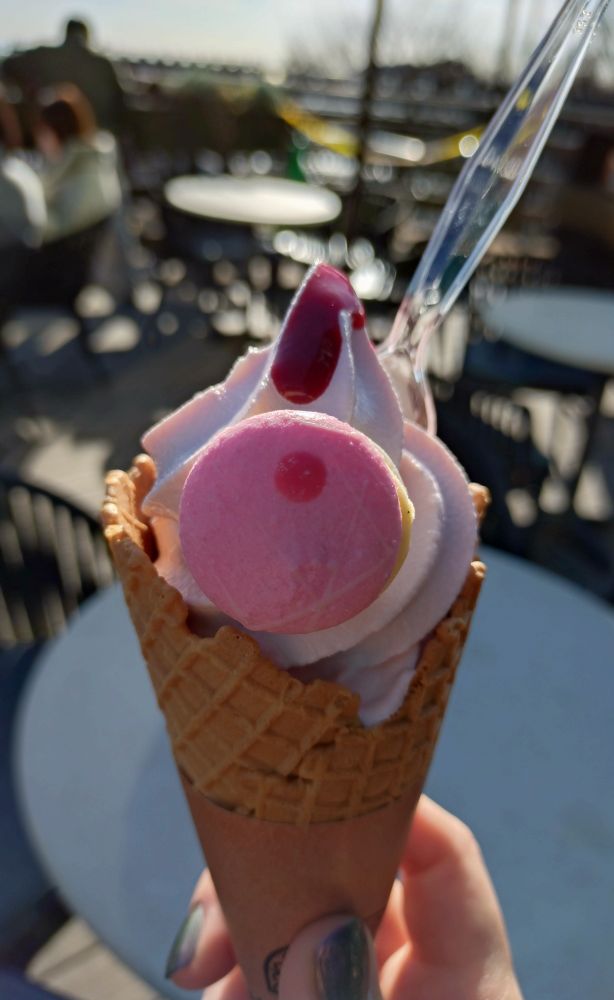 いちごミントソフトクリーム。色は薄ピンク。いちごのソースがかかっていて、ピンク色のマカロンが乗っている。