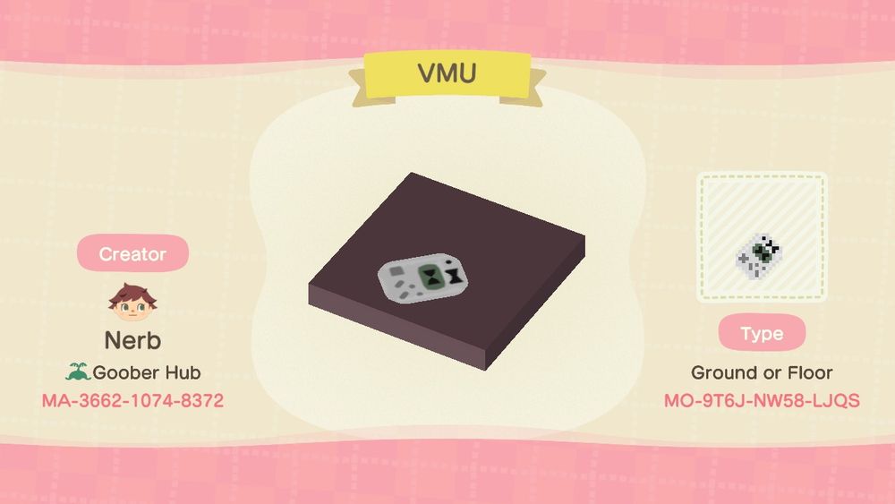 My custom design code for animal crossing new horizons for the sega dreamcast VMU on the ground design. 
Code is: MO-9T6J-NW58-LJQS