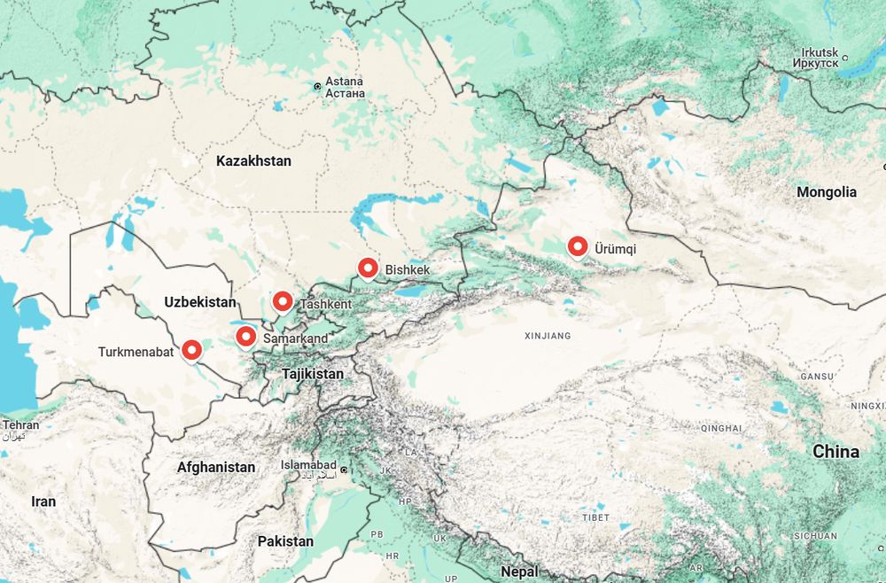 A map of Central Asia with Ürümqi, Bishkek, Tashkent, Samarkand and Turkmenebad highlighted. 