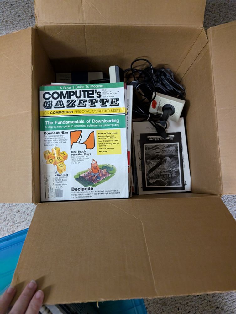 Many issues of Computer Gazette from the 80s. Plus joysticks, Manuel's, cassettes, cartridges, floppies 