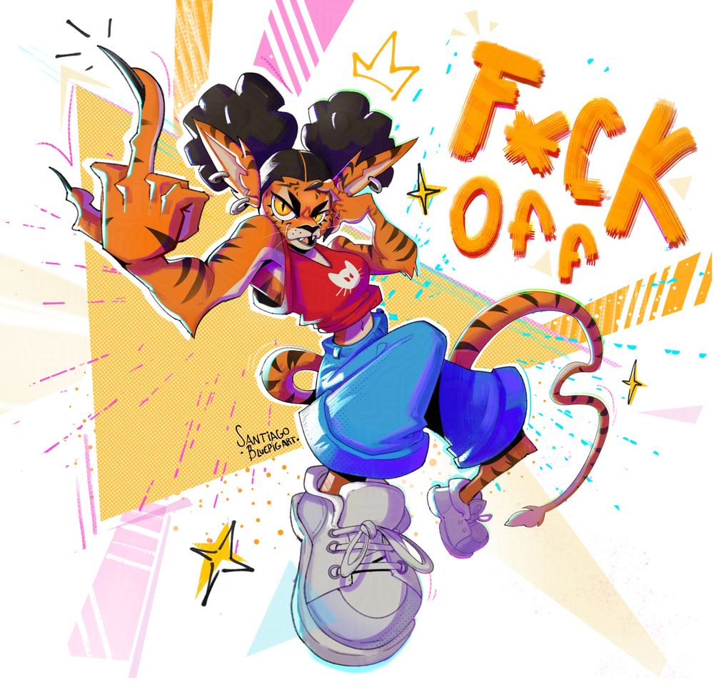 a dynamic tiger girl posing giving the middle finger, big shoes and graphic background