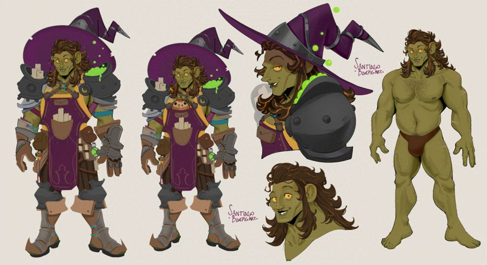 a half plasma genasi half orc witch cleric character! Design update wearing a big hat and a cauldron as shoulder plate 