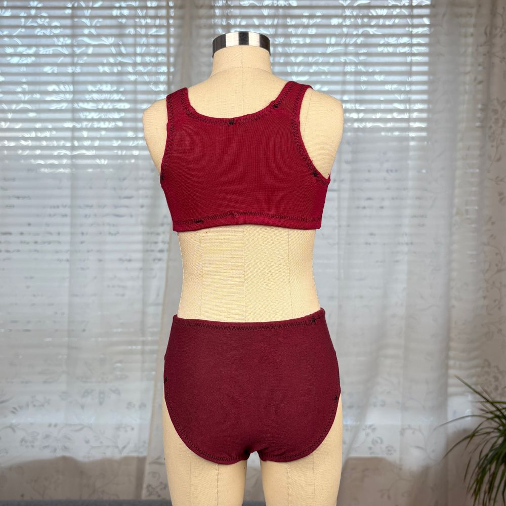 Sportsbra and panties on a dressform, seen from the back.