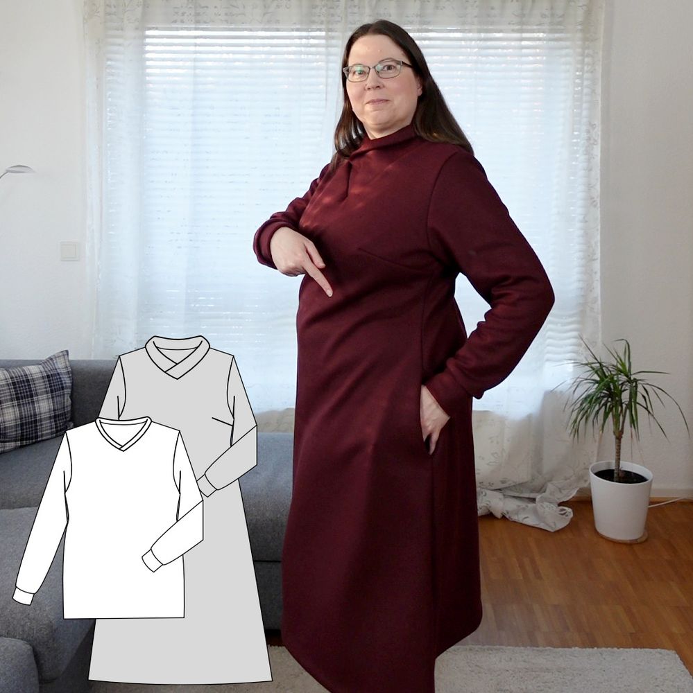 A woman in a red sweater dress showing off it has pockets. On the left a line drawing of the dress pattern.