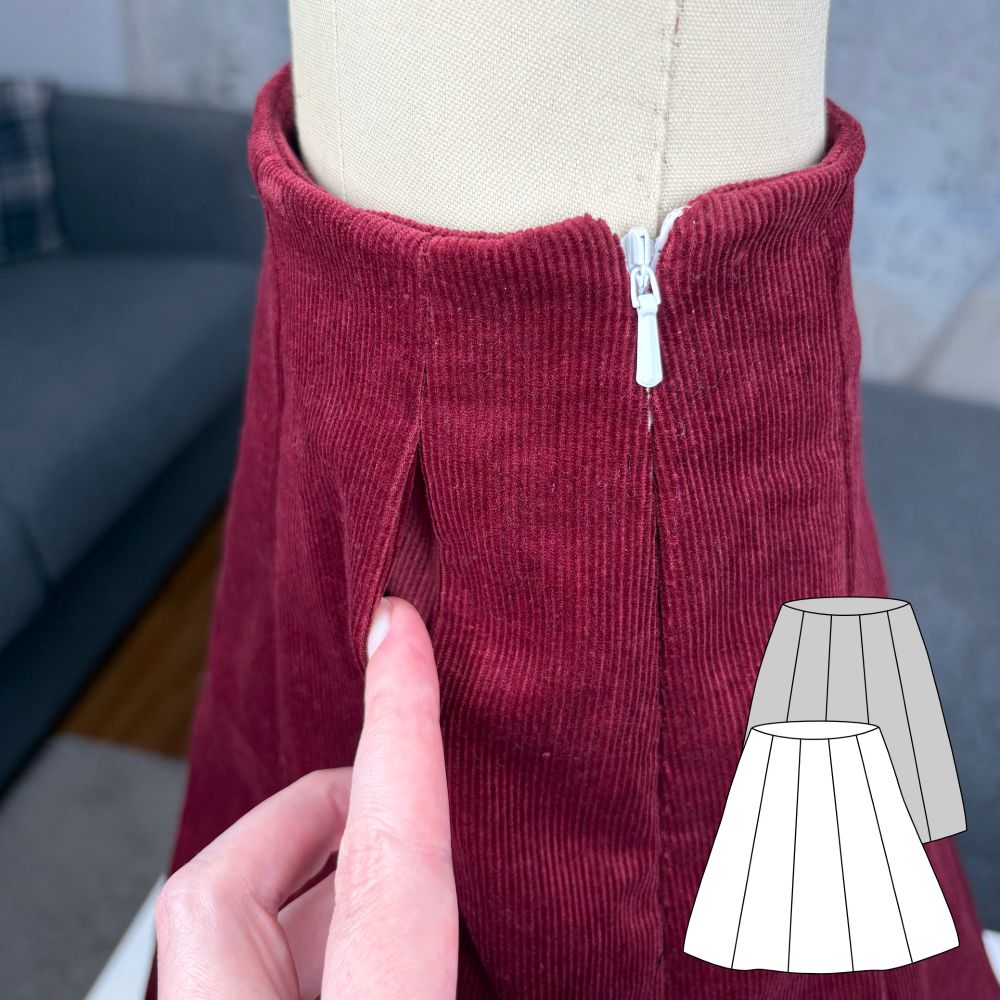 Detail shot showing of the pockets of a 10 panel skirt in red corduroy. 