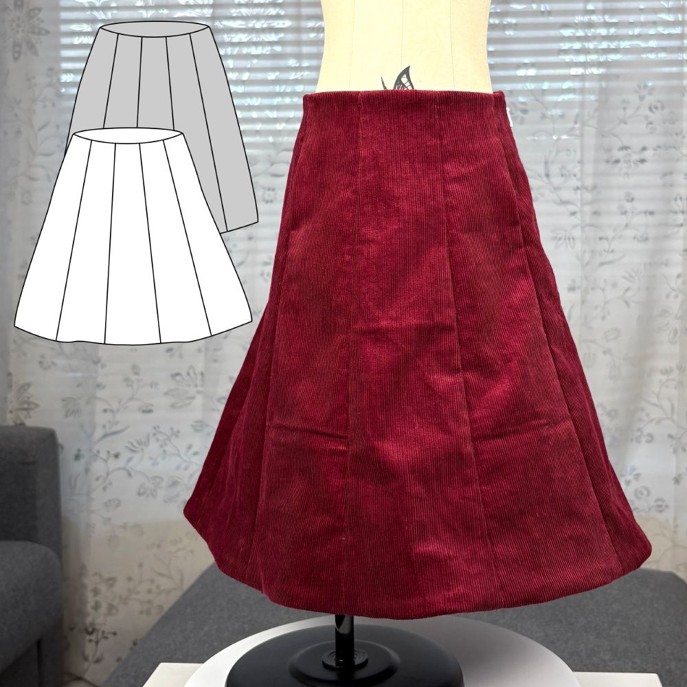 A 10 panel skirt in red curduroy on a dress form. In the upper left corner, a line drawing of the pattern.