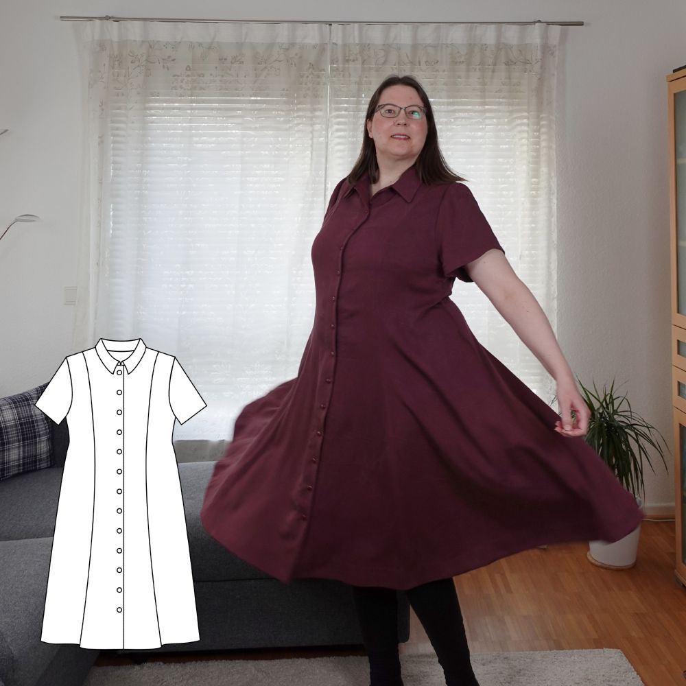 A woman twirling in a red princessline dress with collar and short sleeves.