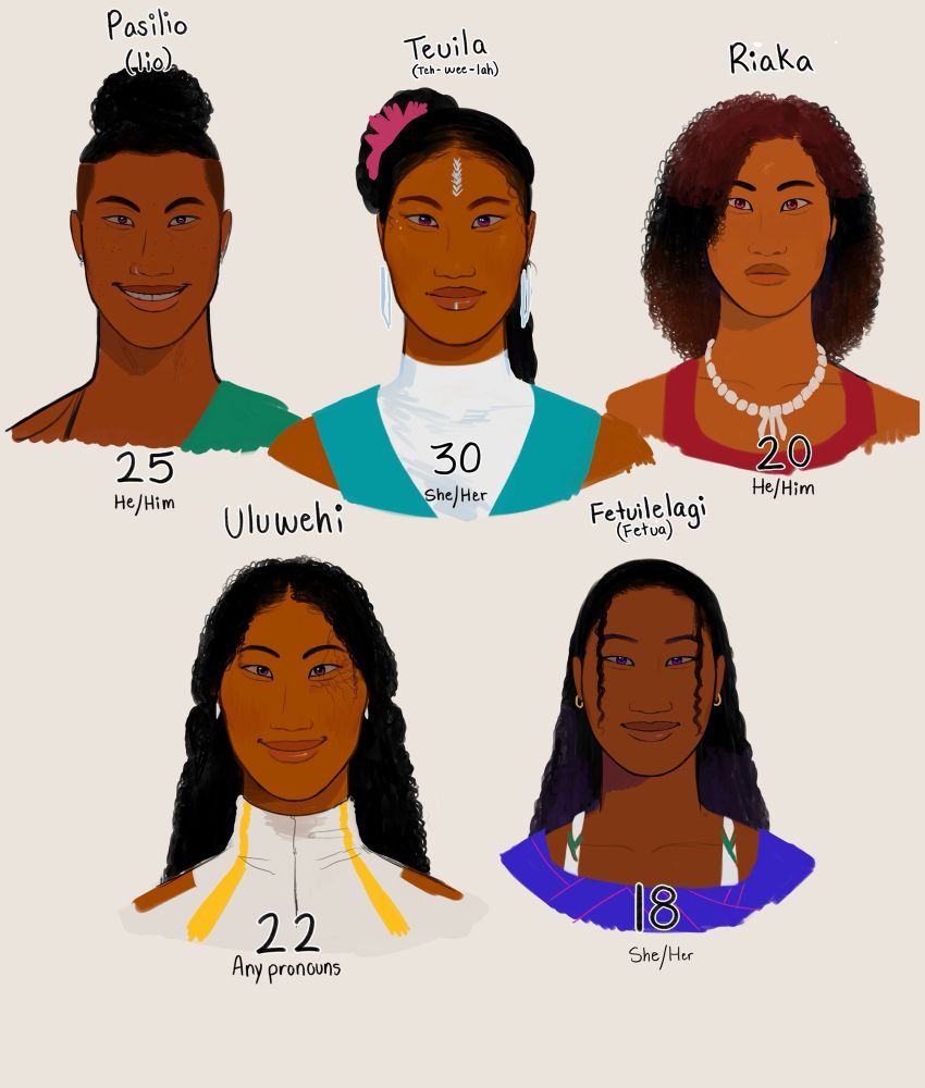 drawings of 5 of my ocs - original characters. it's concept doodle busts of uluwehi's siblings. it includes, from the top right to left, pasilio, teulla, and riaka. on the bottom right to left, there's uluwehi and fetuilelagi. they're in a grey orangeish background. each one of these drawings have their age and pronouns above and below them.