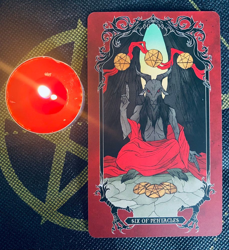 Six of pentacles. A goat masked sorcerer prepares a ritual. 