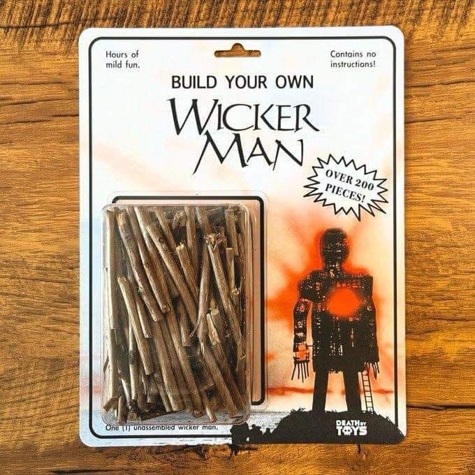 A toy of the Wicker Man statue. 
Basically, a package full of sticks. 