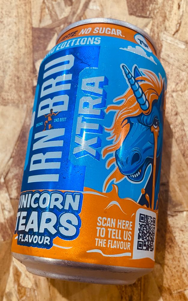 A can of Irn Bru, featuring a crying unicorn. 