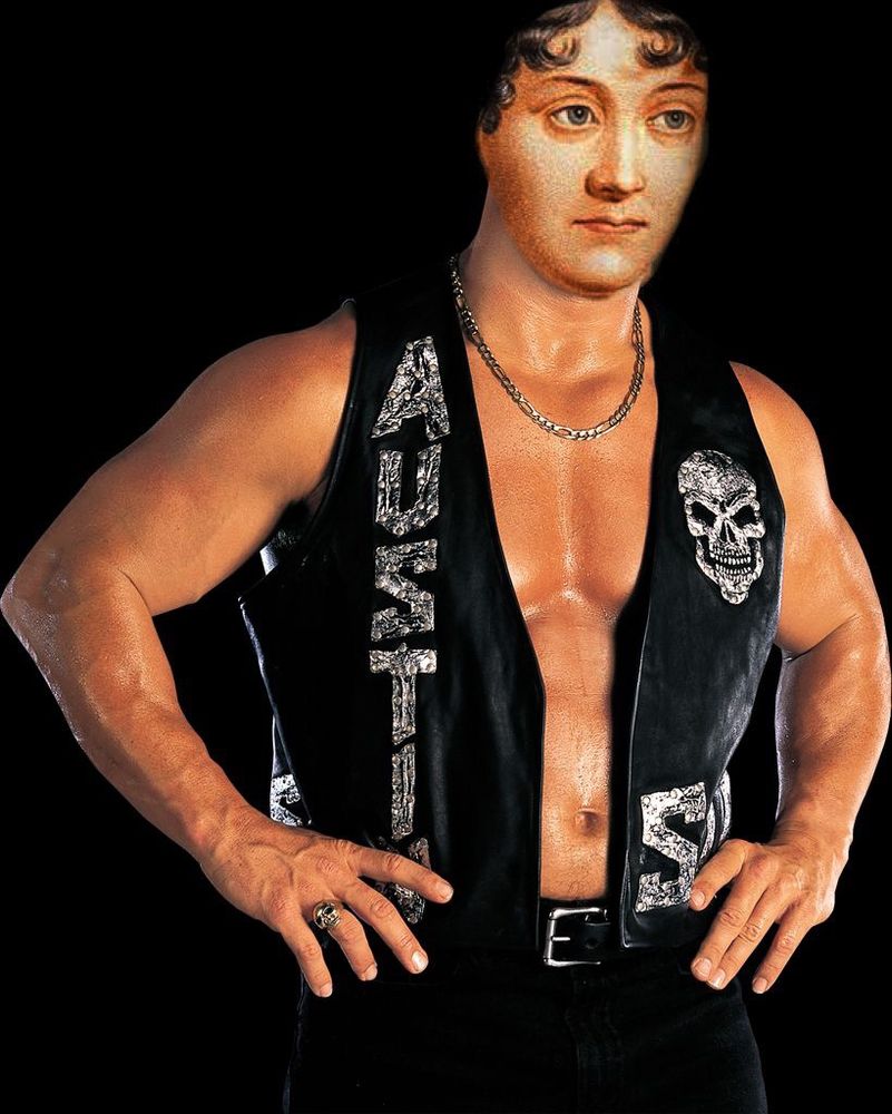 Jane Austen’s head photoshopped onto Steve Austin’s body 