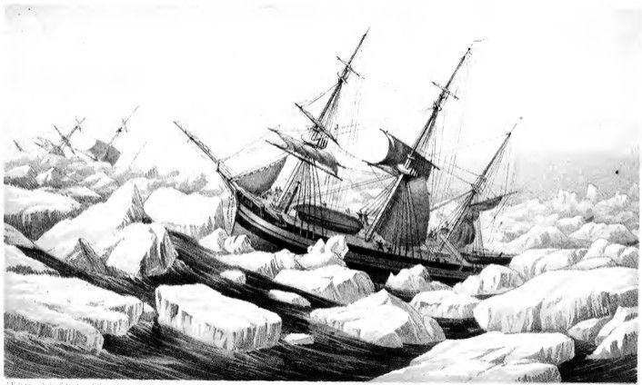 An engraving of a ship, tilted at an angle by waves, surrounded by icebergs. Another ship is visible in the distance.