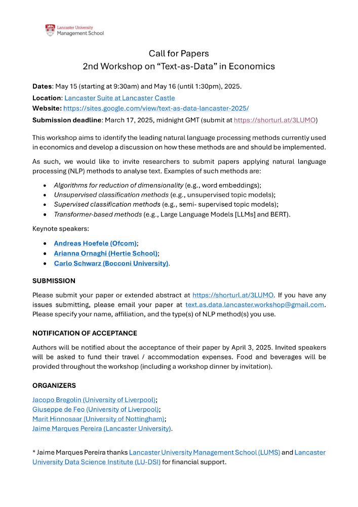 Call for papers for the Text-as-Data Workshop in Economics at Lancaster University