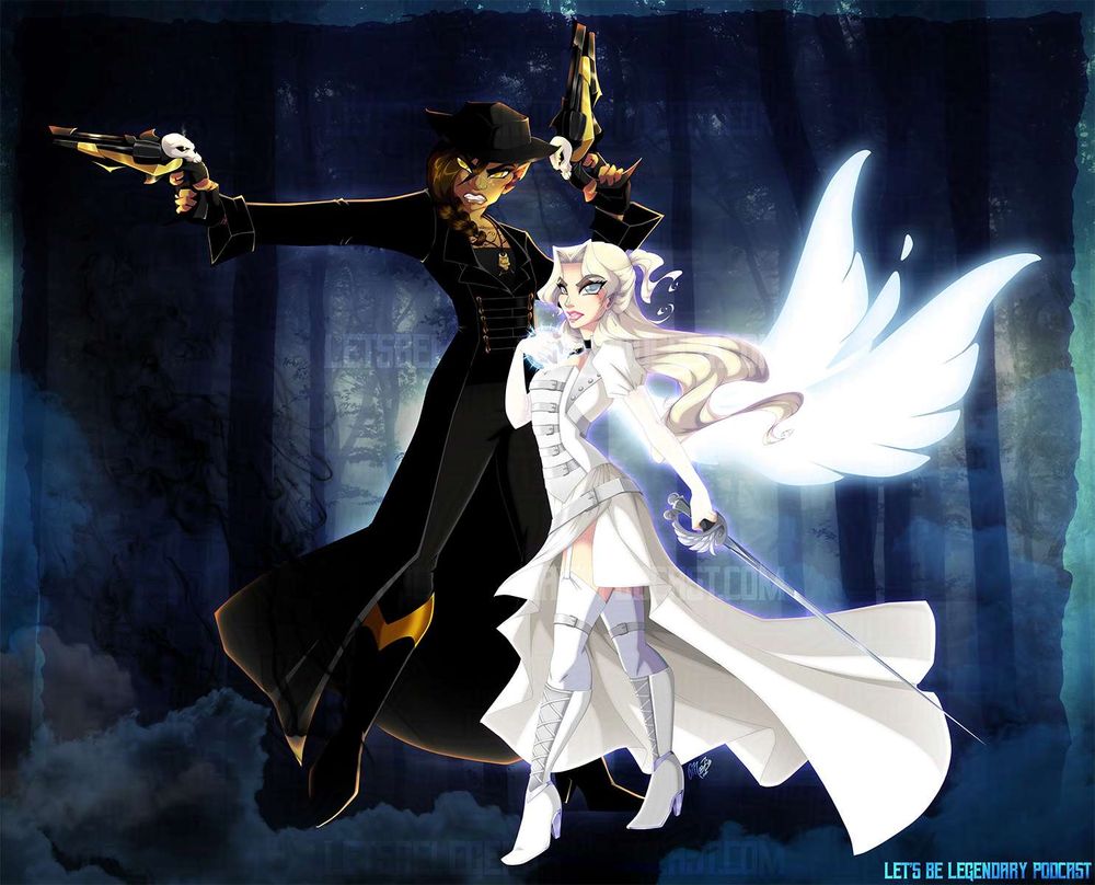 Talia and Seline Argent-Gray from Let's be Legendary Podcast. Seline's wings are spead out behind her as she points her sword away from her. Talia stands behind her with her guns at the ready.