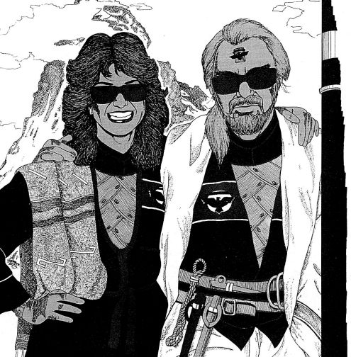Black-and-white sketch of Janos and Hilda Marik from House Marik (The Free Worlds League) in the style of a holiday photo. They're a middle-aged couple wearing "future of the 1980s" getup. Hilda is smiling so hard you could check her molars for cavities. Janos looks like his feet hurt.